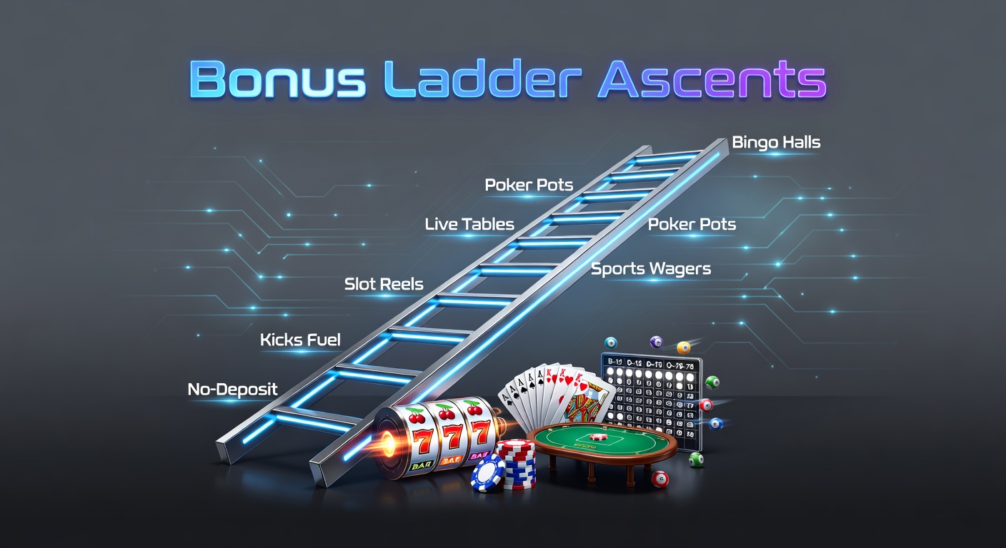 Vibrant graphic of a ladder ascending through casino games like slots, tables, sportsbooks, poker chips, and bingo cards, symbolizing bonus progression