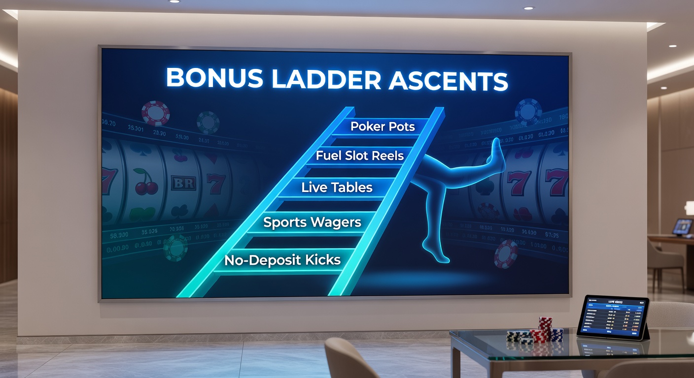 Dynamic illustration of bonus tokens climbing a ladder from slot machines to live roulette wheels, sports betting slips, poker tables, and bingo daubers