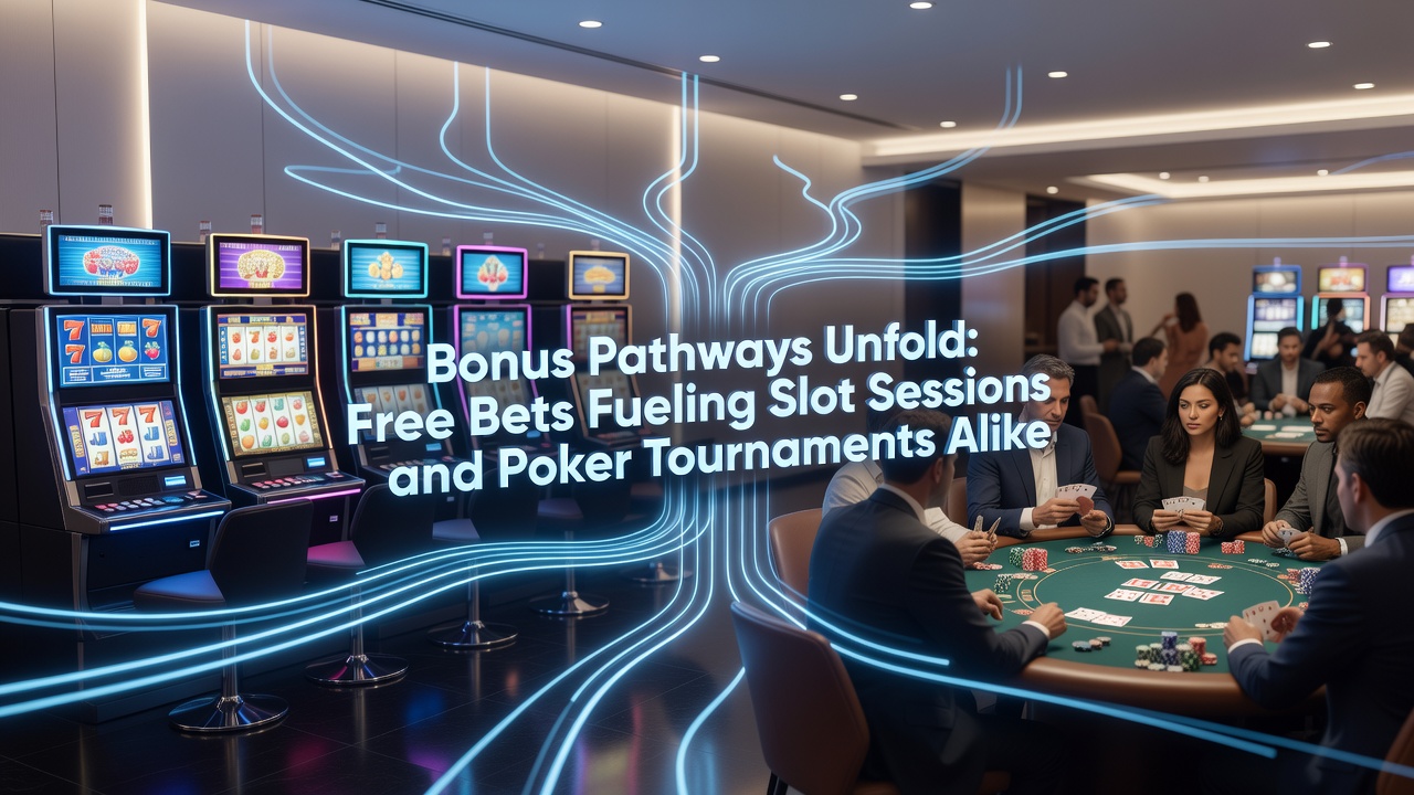 Players engaging with slot machines and poker tables through layered bonus offers at a casino floor