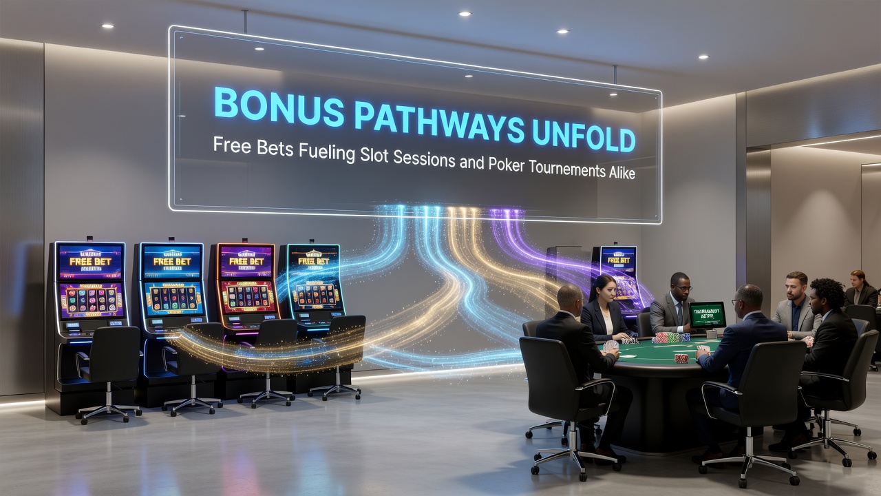 Poker tournament table with players using bonus-derived entries alongside digital slot interfaces