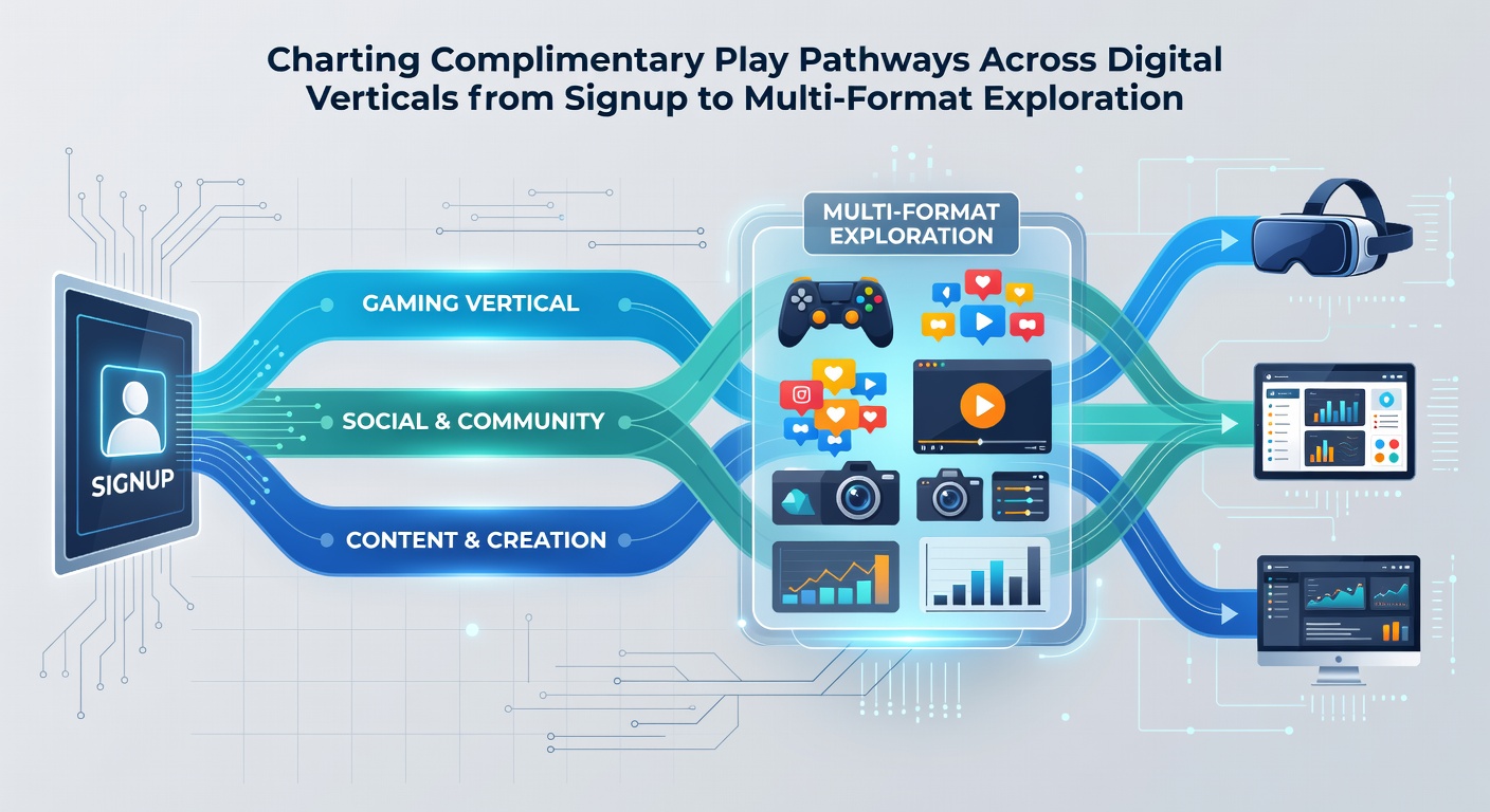 Illustration of interconnected digital gaming modules linking slots, poker, sports betting, and bingo through shared complimentary credit systems