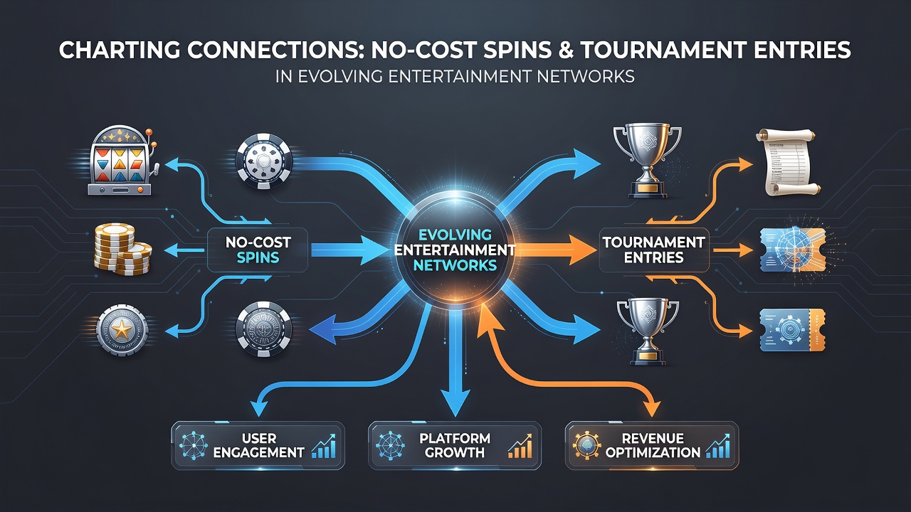 Digital interface showing connections between slot games and tournament registration screens in an online entertainment network