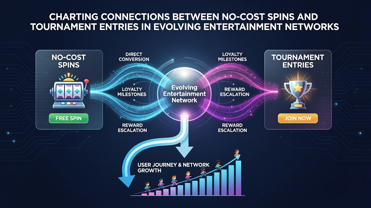 Network diagram illustrating data flow from free spin bonuses to tournament qualification in entertainment platforms