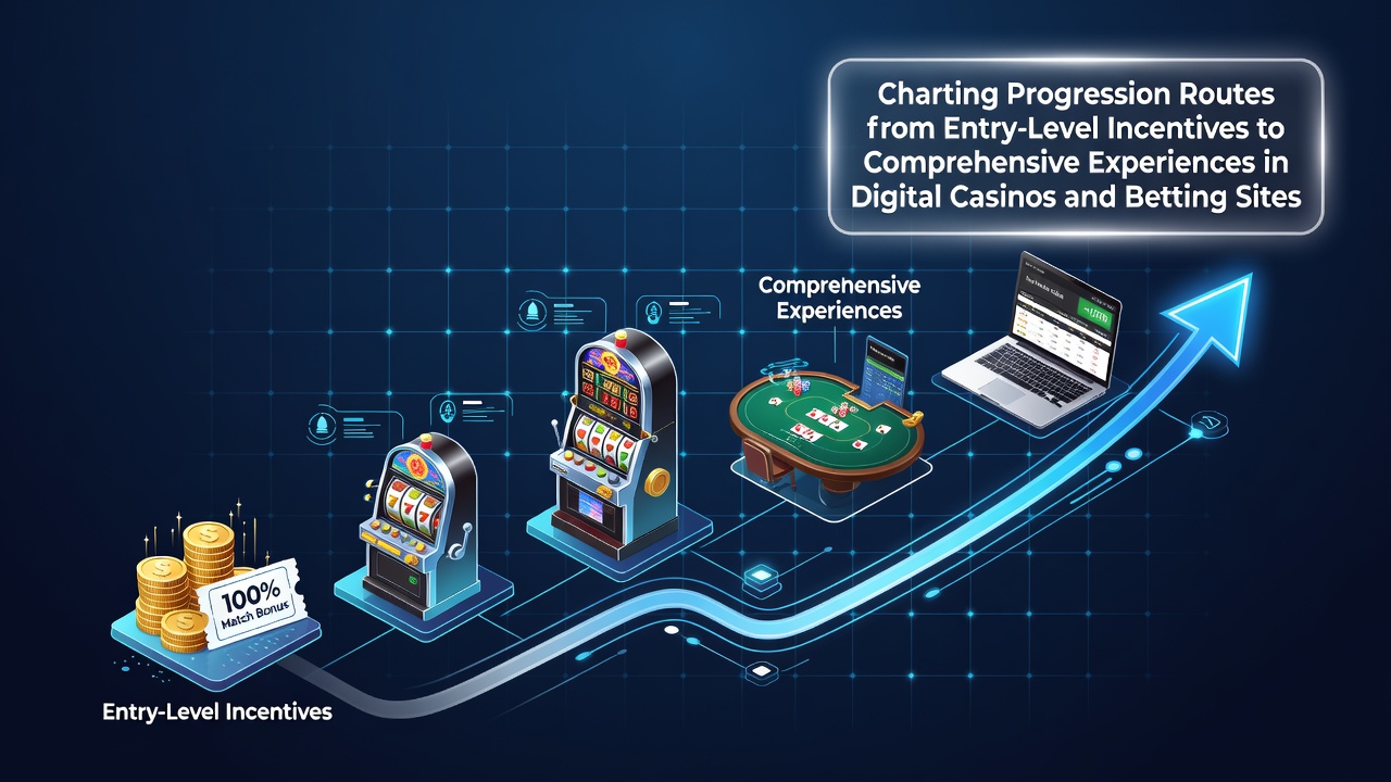 Digital interface showing entry-level bonus offers transitioning into advanced casino features