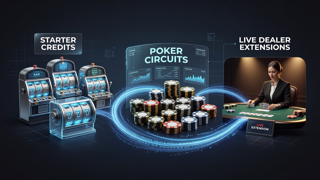 Visual diagram showing credit flow from slot machines into poker tournaments and live dealer tables