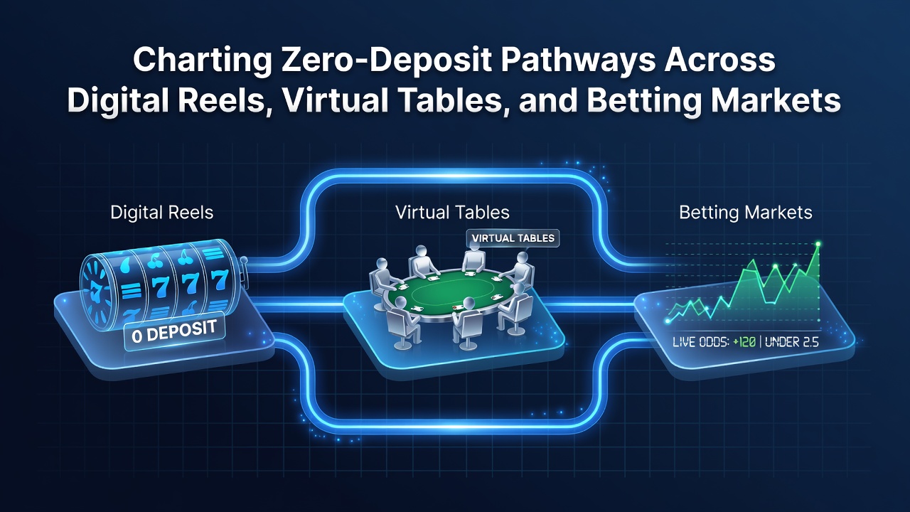 Digital interface showing interconnected slots reels, virtual poker tables, and live betting odds displays