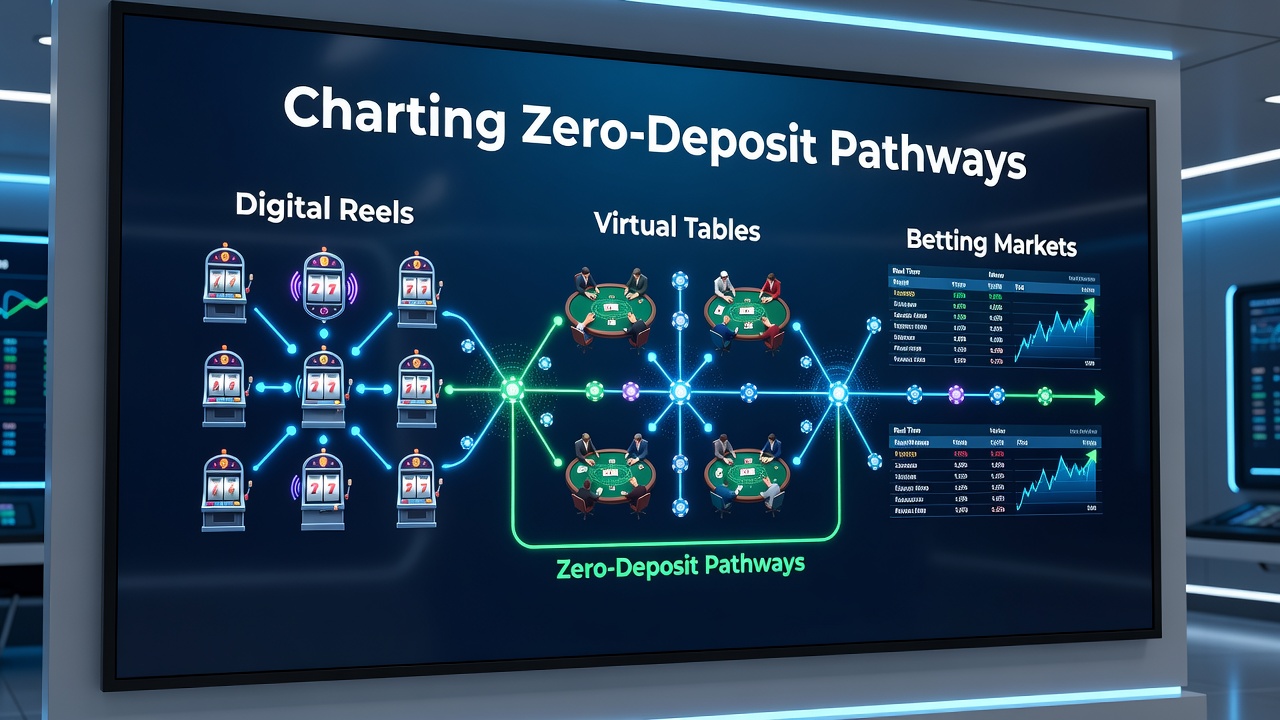 Flow diagram illustrating bonus progression from free spins on reels through virtual casino tables into sports betting interfaces