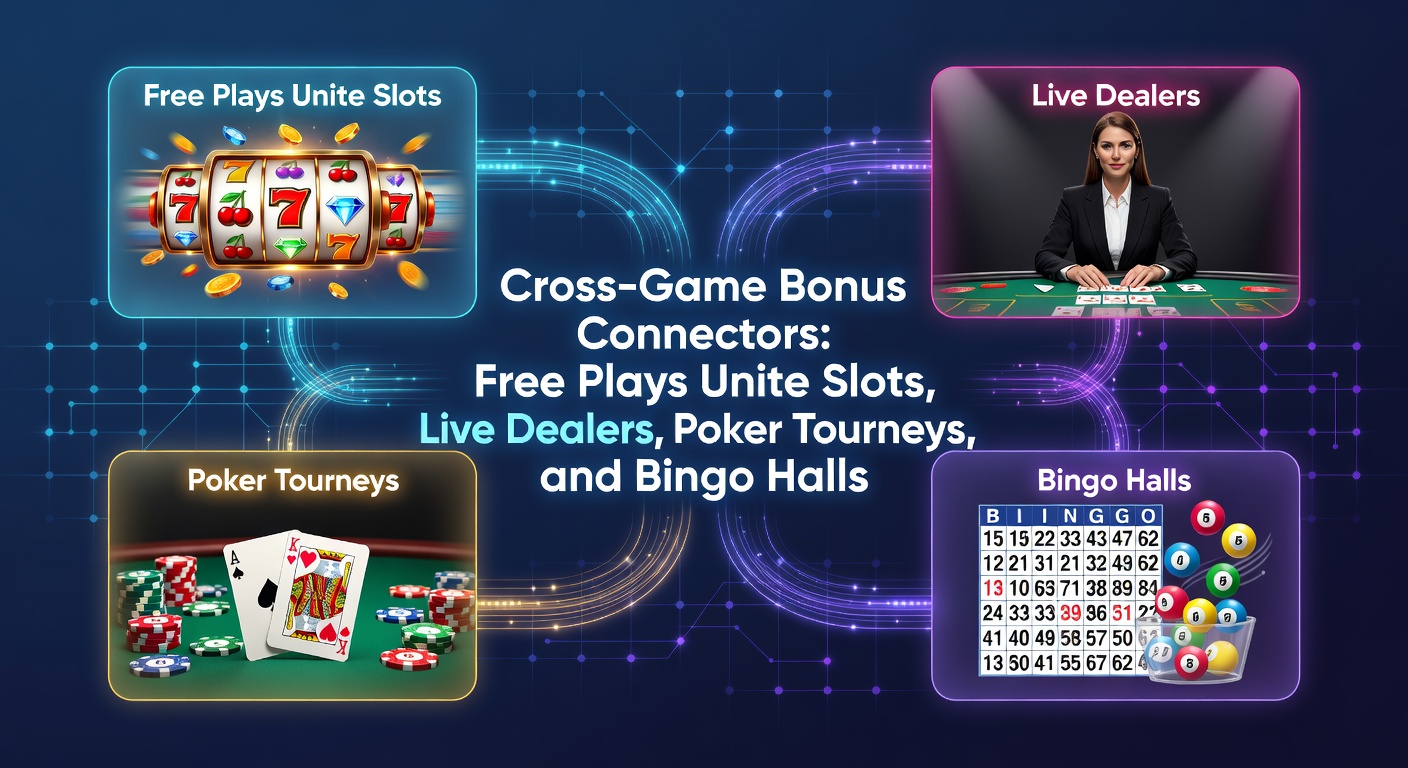 Vibrant digital illustration showing interconnected casino games with glowing bonus chains linking slot reels, live dealer tables, poker chips, and bingo cards