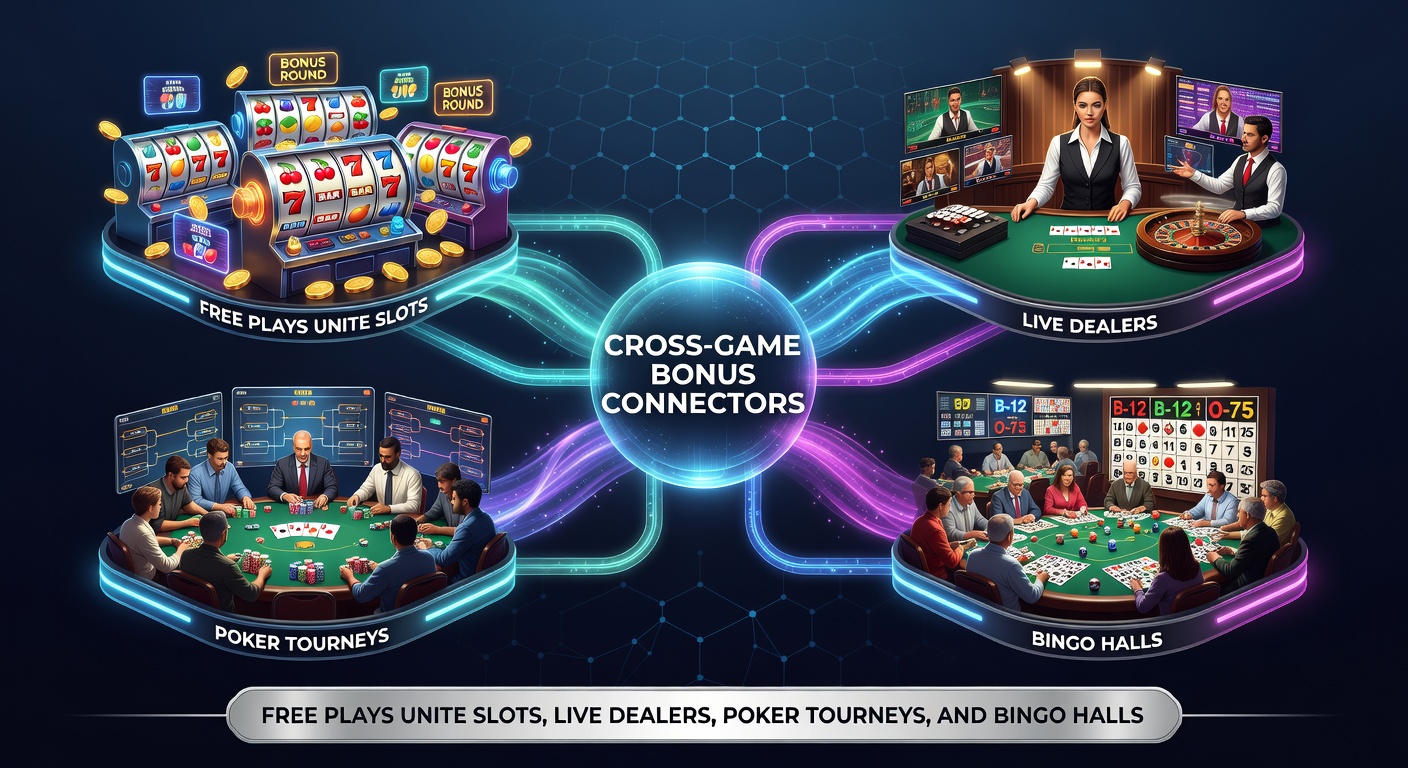 Dynamic graphic of bonus pathways flowing between slot machines, poker tournament brackets, live dealer streams, and colorful bingo halls