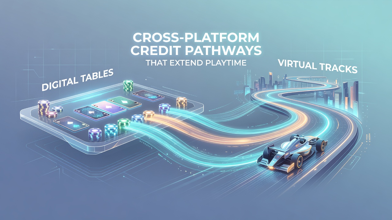 Illustration of cross-platform credit pathways connecting digital casino tables to virtual racing tracks with icons for poker, blackjack, and horse racing