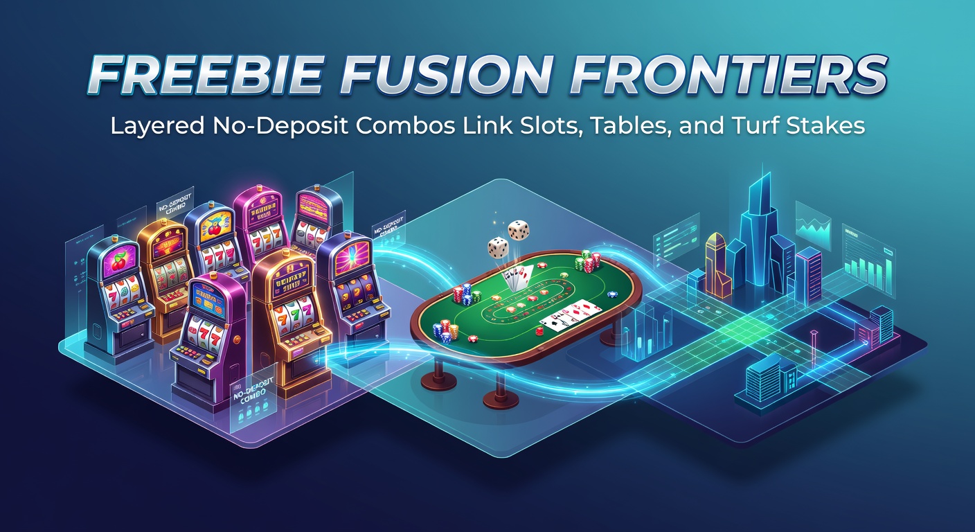 Dynamic graphic illustrating interconnected no-deposit bonus layers spanning slots, table games, and horse racing stakes, with glowing links between casino reels, card tables, and turf tracks