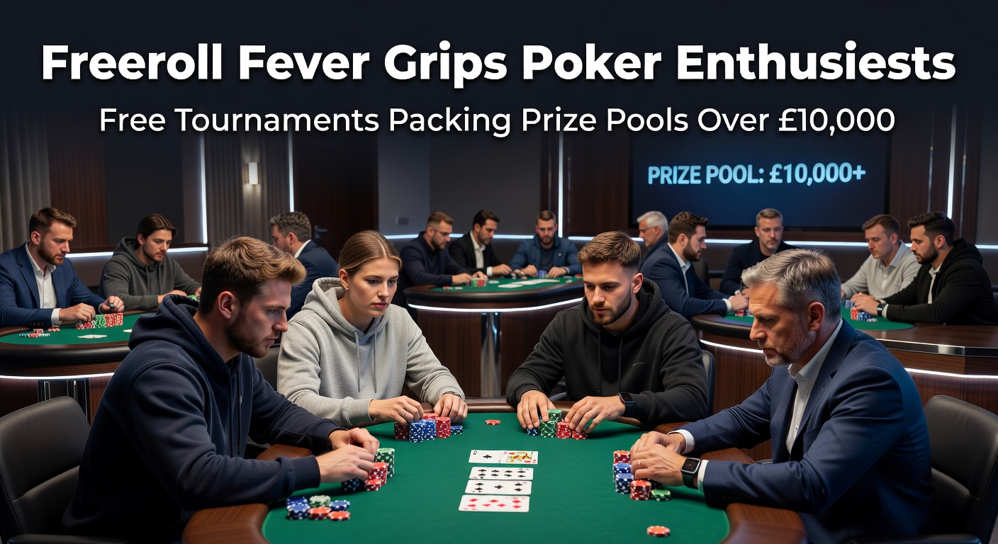 Vibrant poker table scene with players competing in a high-stakes freeroll tournament, chips stacked high amid digital screens showing massive prize pools