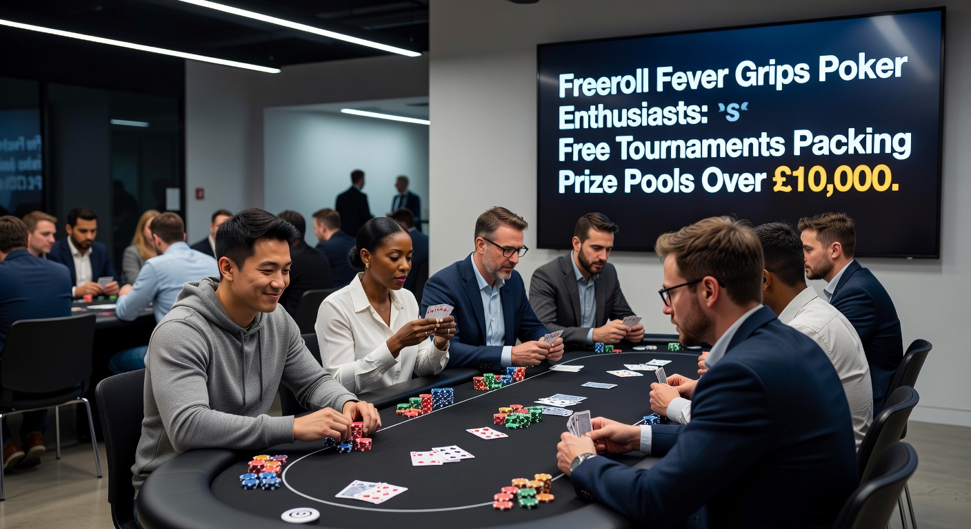 Close-up of a poker player's screen displaying a freeroll leaderboard with £10,000+ prize pool, clock ticking down in a tense late-stage hand