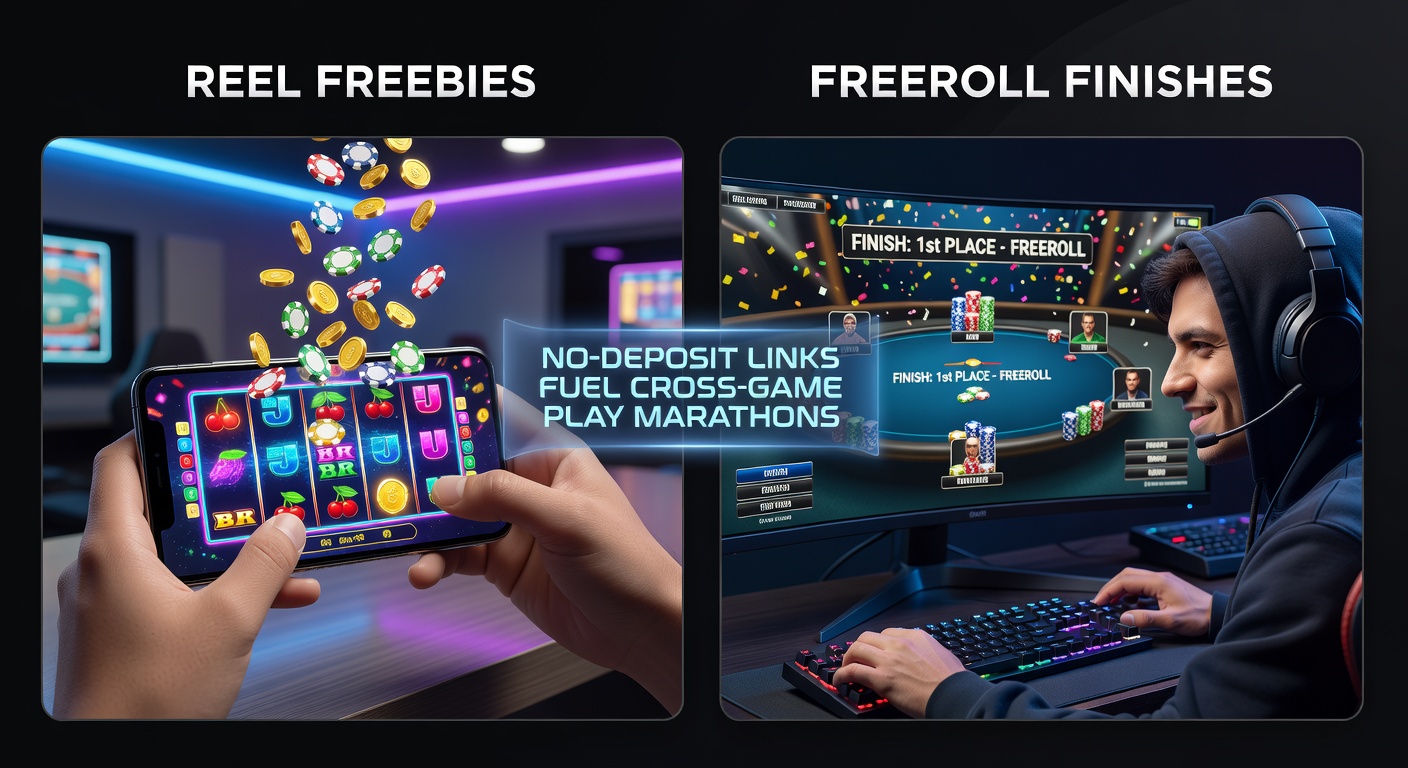 Vibrant slot reels spinning with cascading free spins transitioning into poker table action and freeroll tournament screens, illustrating cross-game bonus flows