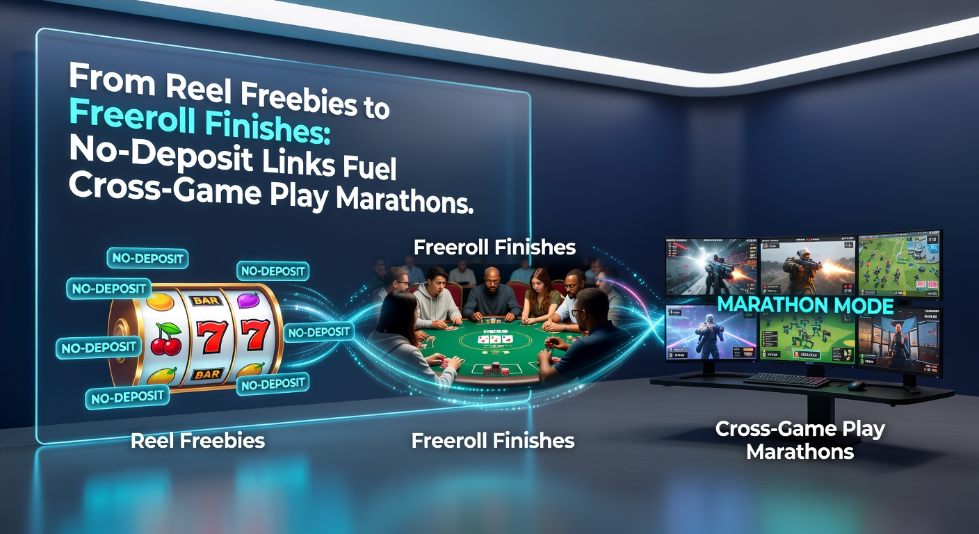 Dynamic graphic of a no-deposit bonus chain: slot free spins flowing into live roulette wheels, sportsbook icons, and a crowded poker freeroll final table under spotlights