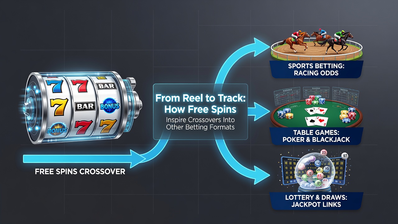 Split image of spinning slot reels on one side and a live horse race with betting interface on the other