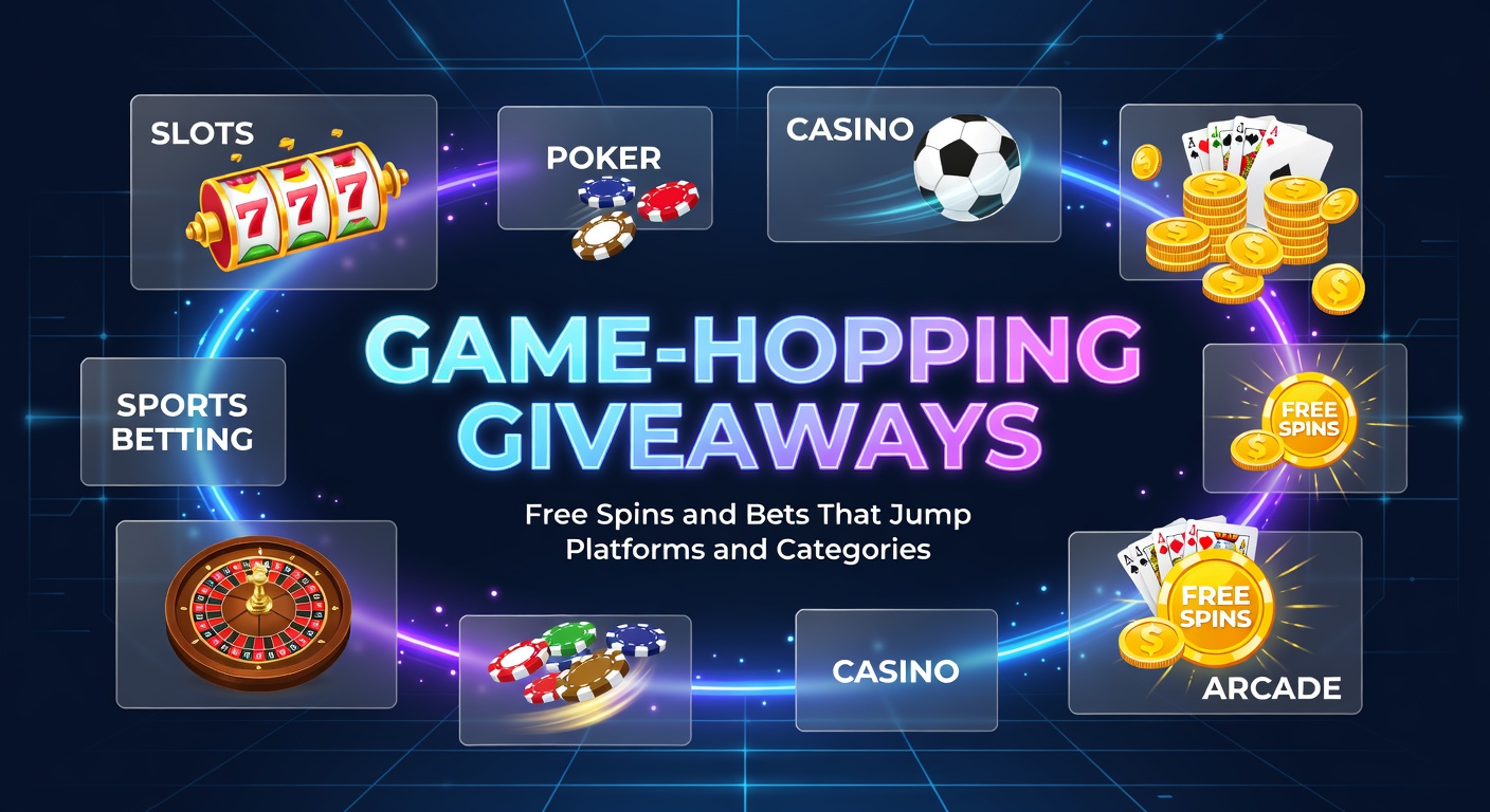 Vibrant graphic showing free spin icons leaping from slot machines to sports betting boards across multiple casino platforms