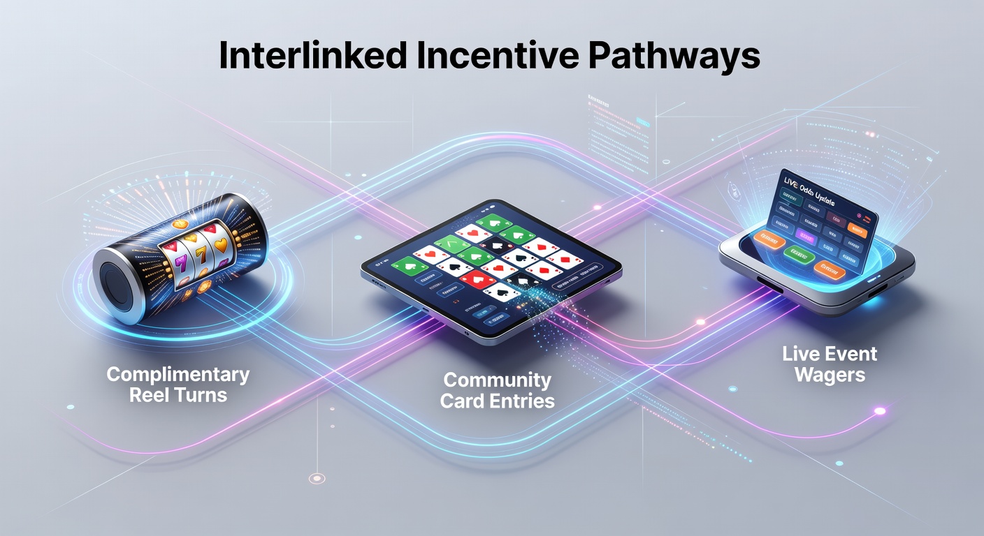 Illustration showing interconnected mobile gambling incentives flowing between slot reels, poker tables, and sports betting interfaces