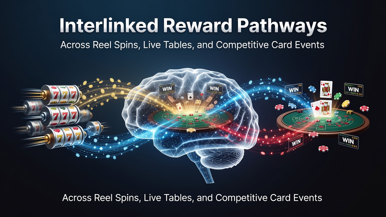 Diagram showing reward pathways connecting slot machines, live dealer tables, and poker tournaments through shared bonus systems