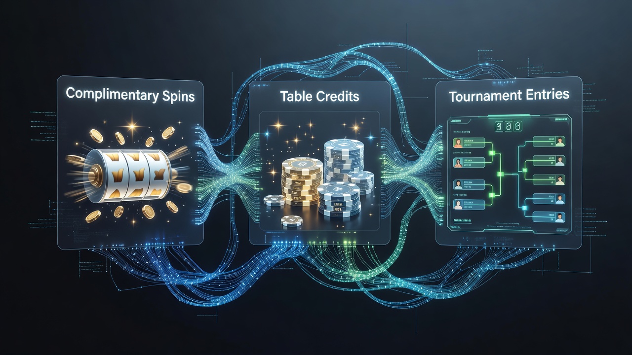 Digital interface showing interconnected bonus pathways between slot spins, table game credits, and tournament entries