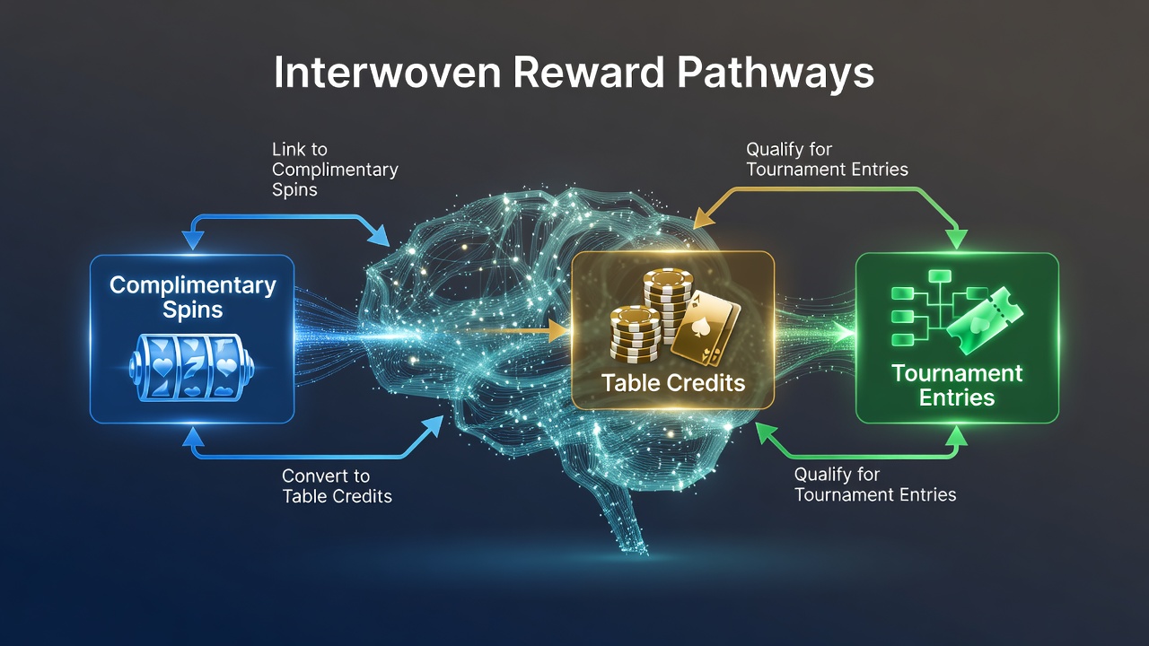 Flow diagram illustrating how free spins convert to table credits and unlock tournament participation