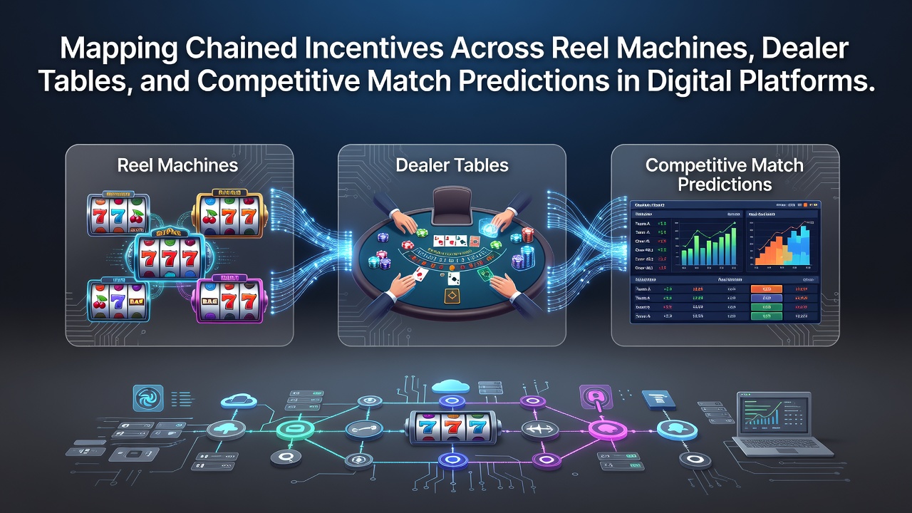 Visualization of chained incentives across reel machines, dealer tables, and prediction markets in digital platforms