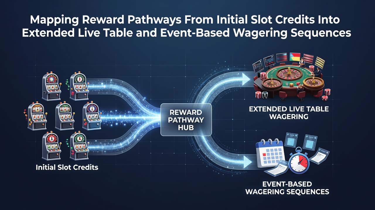 Diagram showing the progression from slot machine credits to live table games and sports event betting sequences