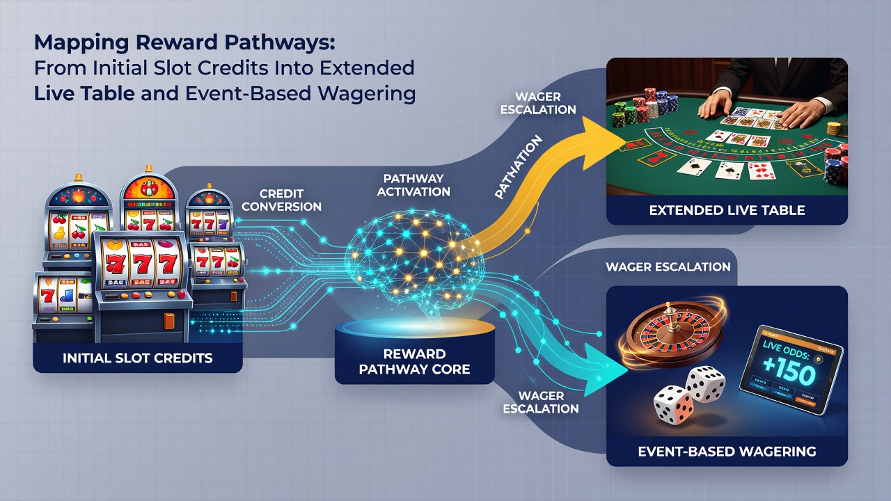 Flowchart illustrating connections between initial slot rewards, live casino tables, and major sports event wagering