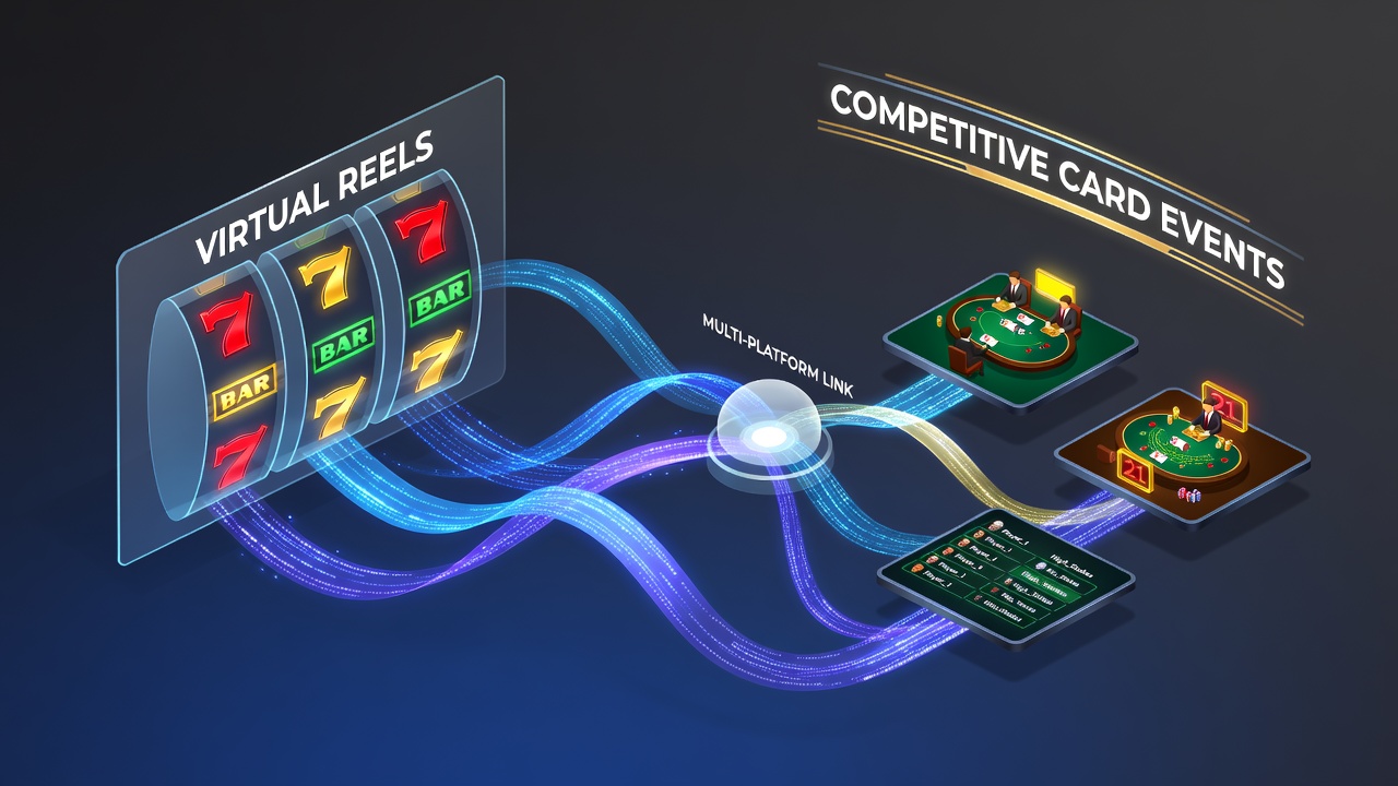 Illustration of interconnected digital slots and poker tournament interfaces across multiple platforms