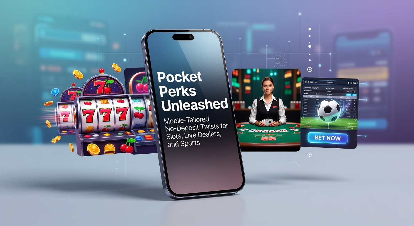 Smartphone displaying vibrant slot reels and sports betting odds under a no-deposit bonus offer, highlighting mobile gaming perks