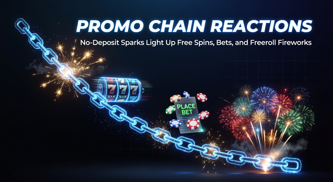 Vibrant cascade of colorful dominoes falling into casino chips, spins icons, and poker cards, symbolizing promo chain reactions