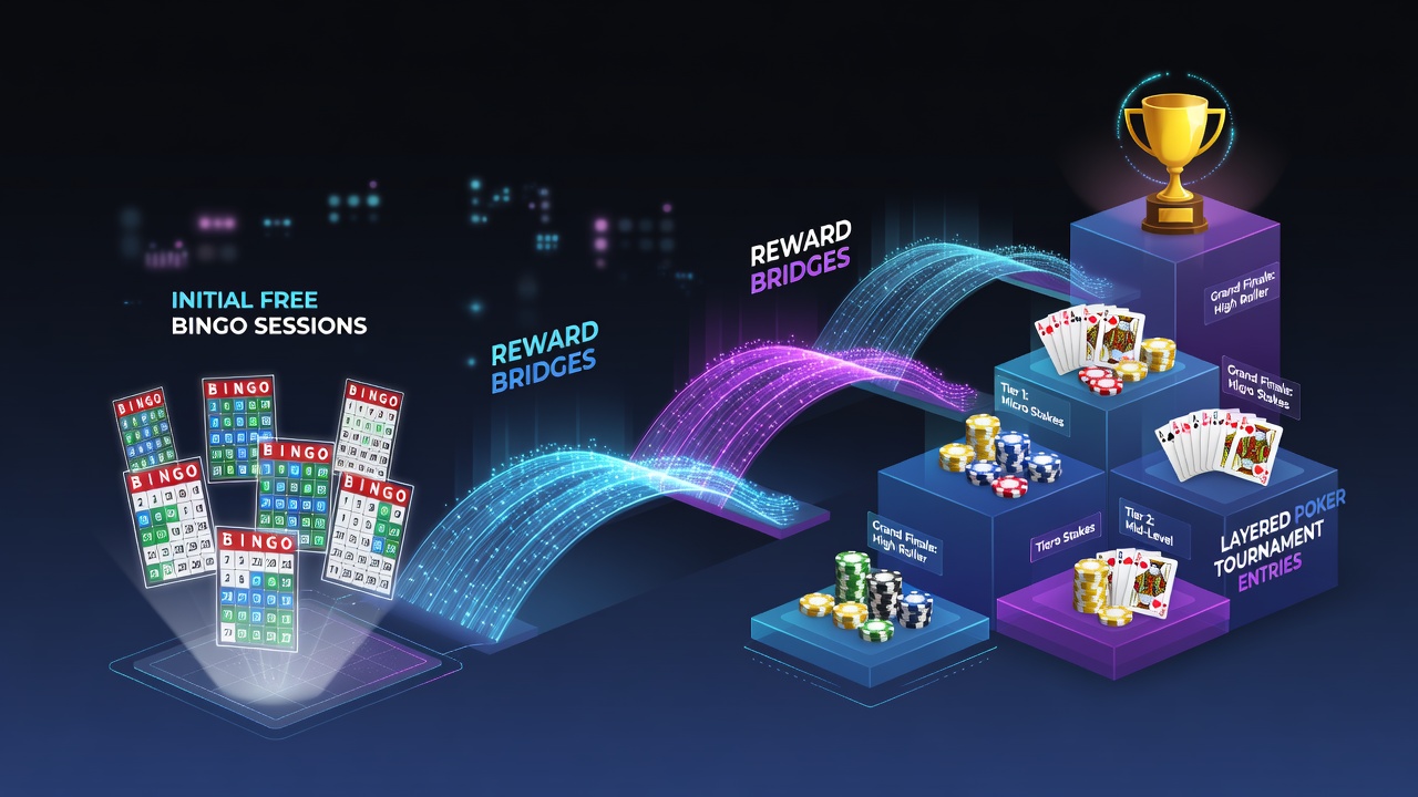 Digital interface showing free bingo cards transitioning into poker tournament entry points on a mobile app screen