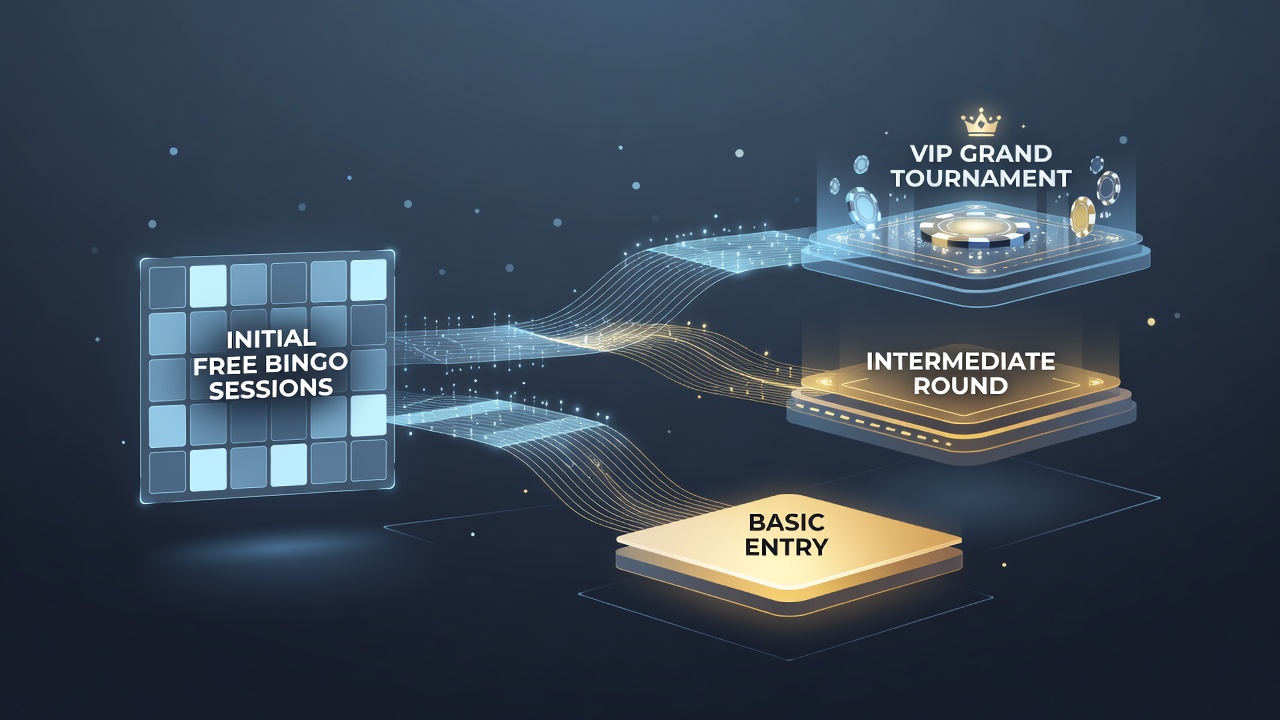Layered tournament bracket graphic illustrating progression from bingo rewards to poker events on digital platforms