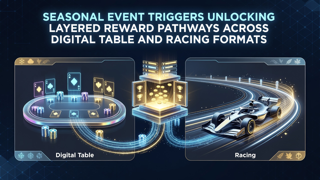 Digital table games and racing platforms displaying seasonal reward pathways