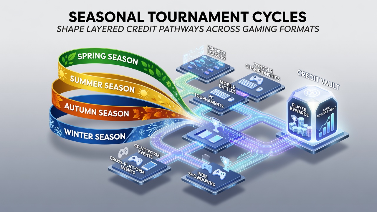 Seasonal tournament brackets overlaid on digital credit flow diagrams across poker, slots and esports formats