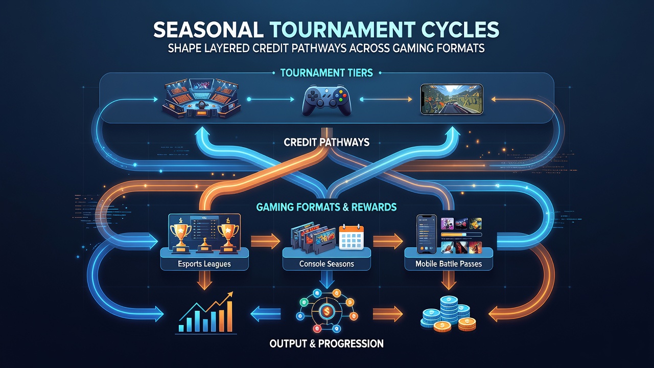Interconnected tournament calendar showing credit pathways between poker, esports and racing formats