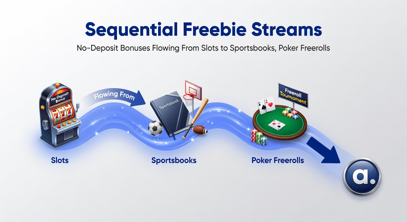 Graphic depicting a flowchart of no-deposit bonuses progressing from slot reels through sports betting boards to poker chips and bingo cards