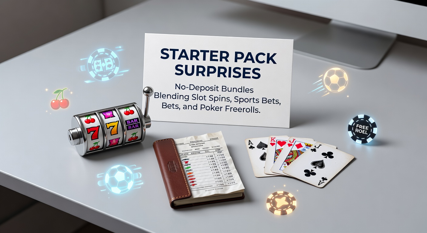 Vibrant digital illustration of a starter pack exploding with slot reels, soccer balls for sports bets, and poker chips for freerolls, symbolizing blended no-deposit bonuses