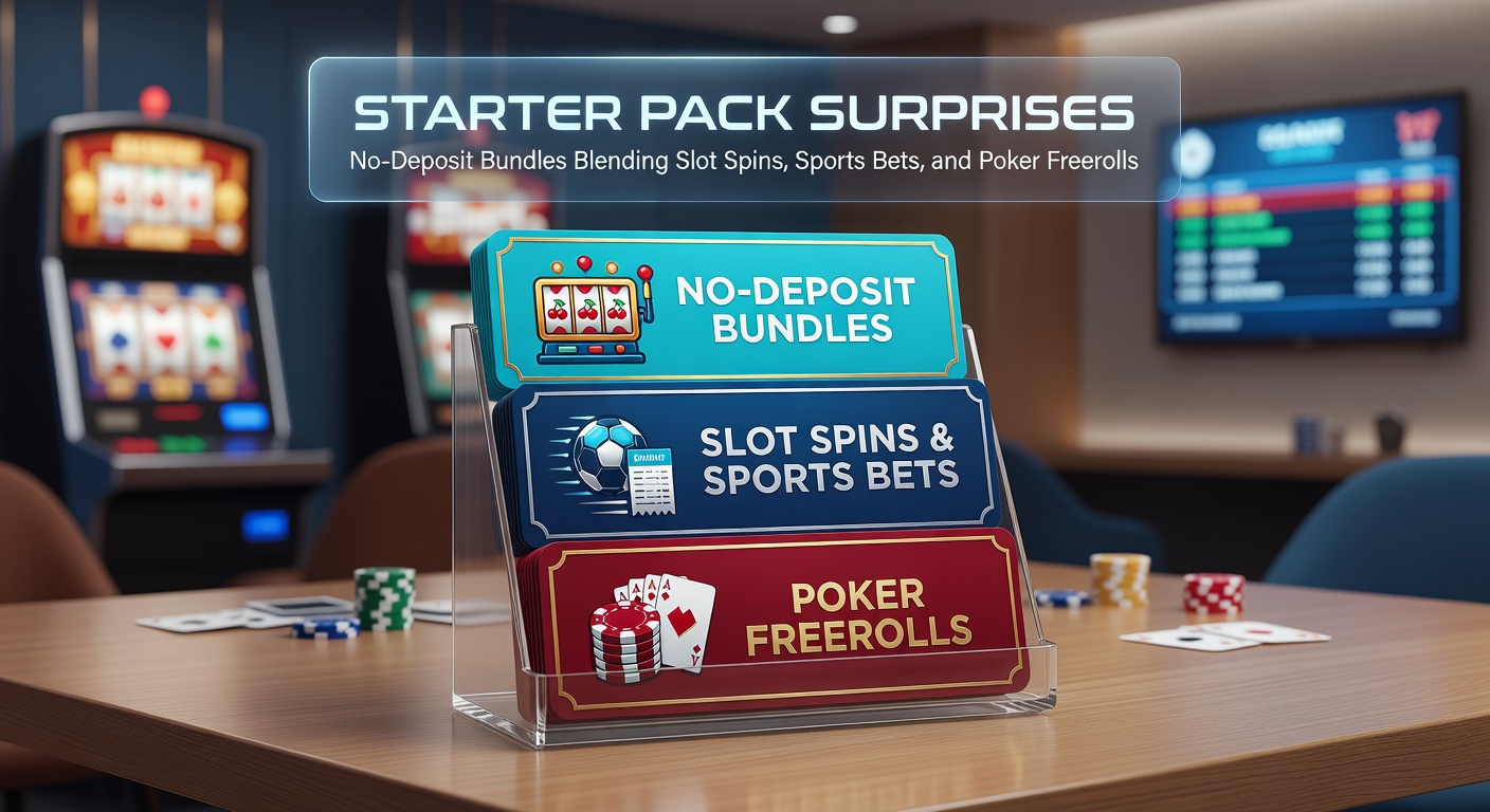 Screenshot of a gaming app dashboard displaying a no-deposit starter pack with slot spins, sports bet slip, and poker freeroll ticket, highlighting multi-product integration