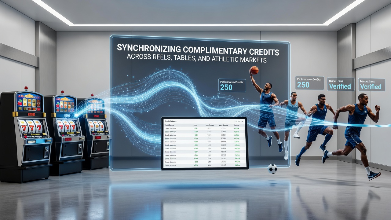 Illustration showing synchronized bonus credits flowing between slot reels, table games, and sports betting interfaces on multiple devices