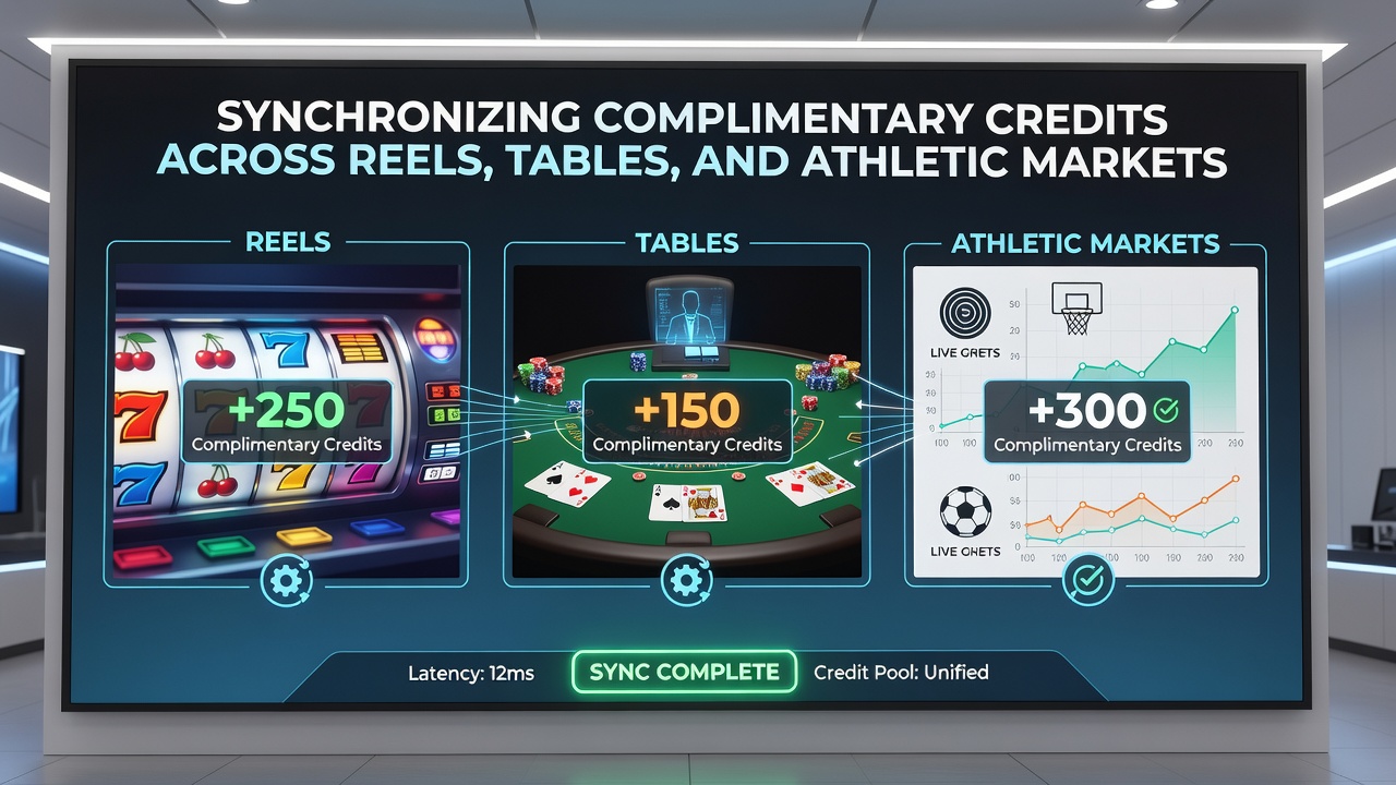 Diagram depicting credit flow from table games into sports markets with real-time balance updates on mobile and desktop views