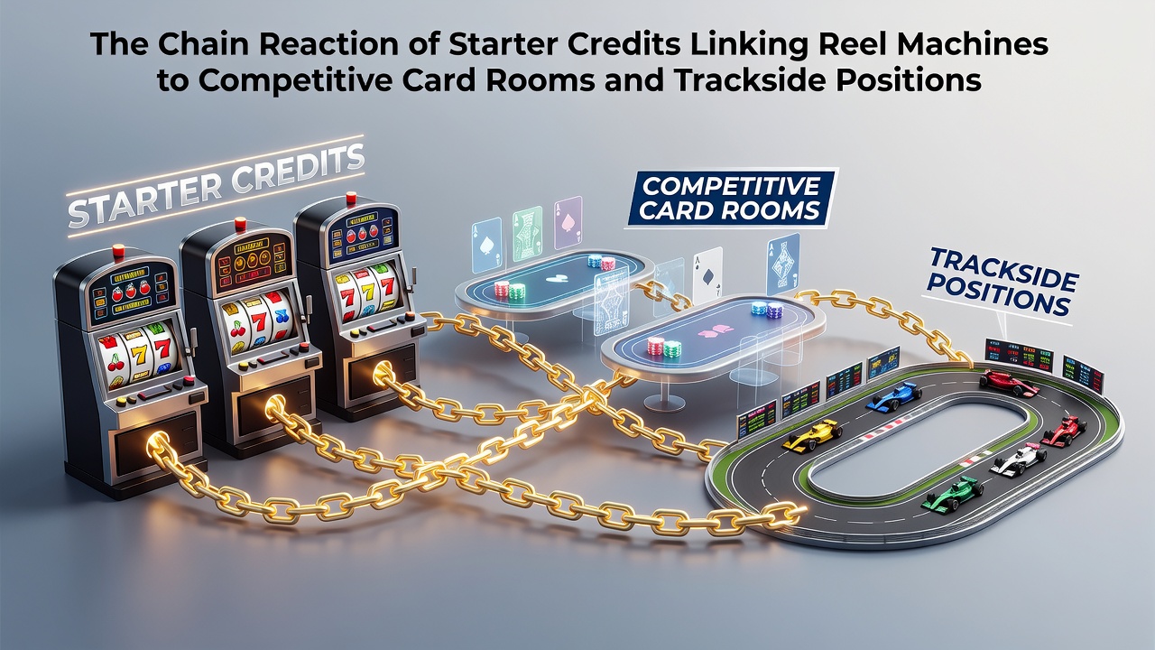 Casino floor showing reel machines transitioning into card room areas with visible credit displays