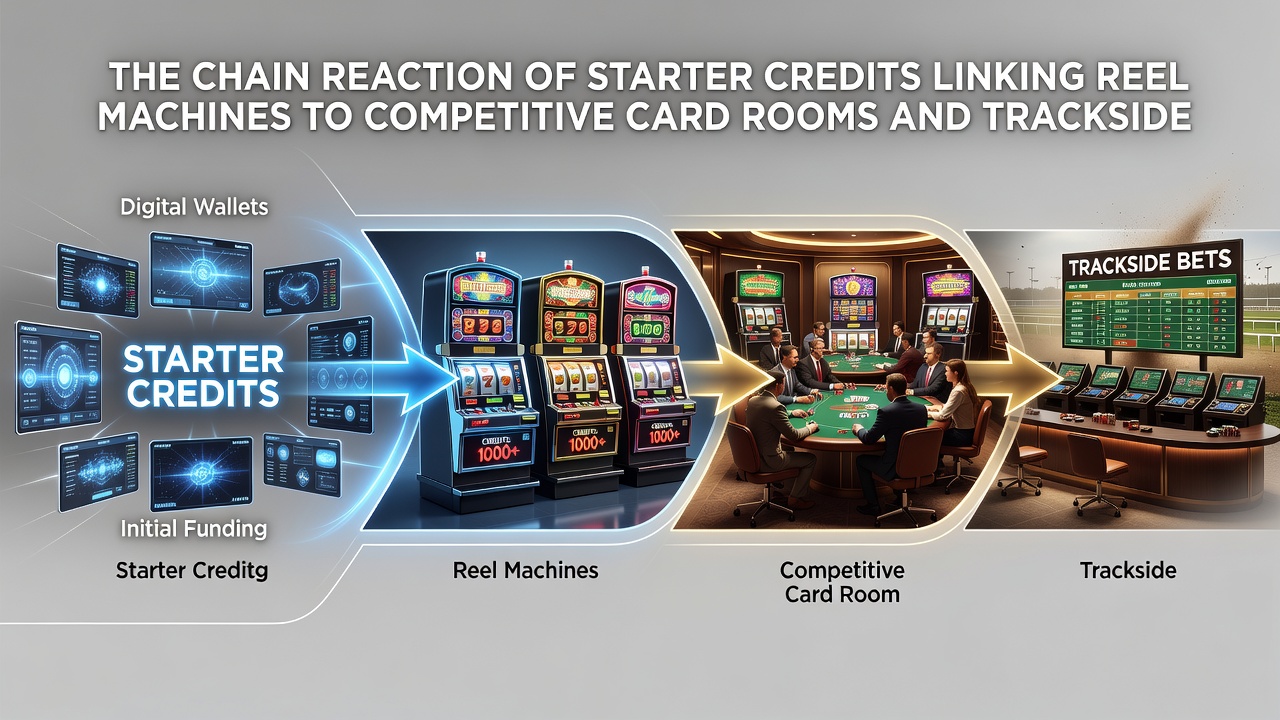 Players moving from slot area toward poker tables and racebook terminals inside a large casino