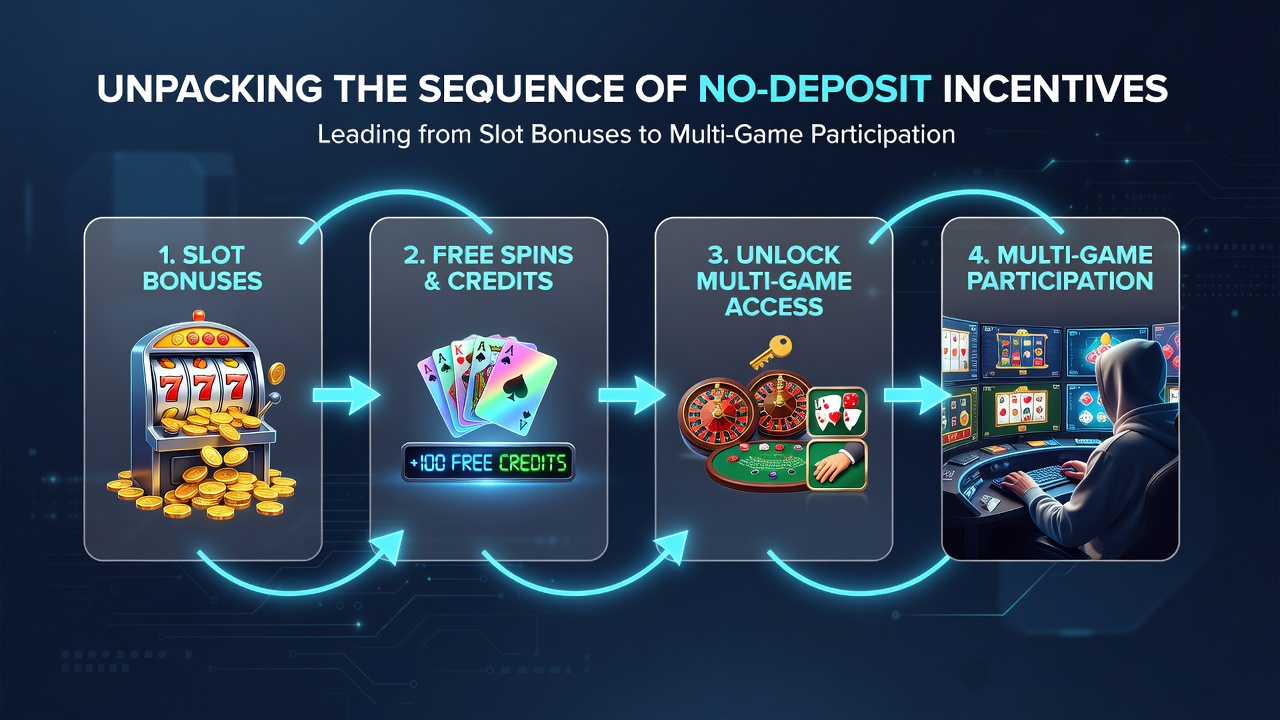 Player journey illustration from free slot spins to table games and sports betting participation