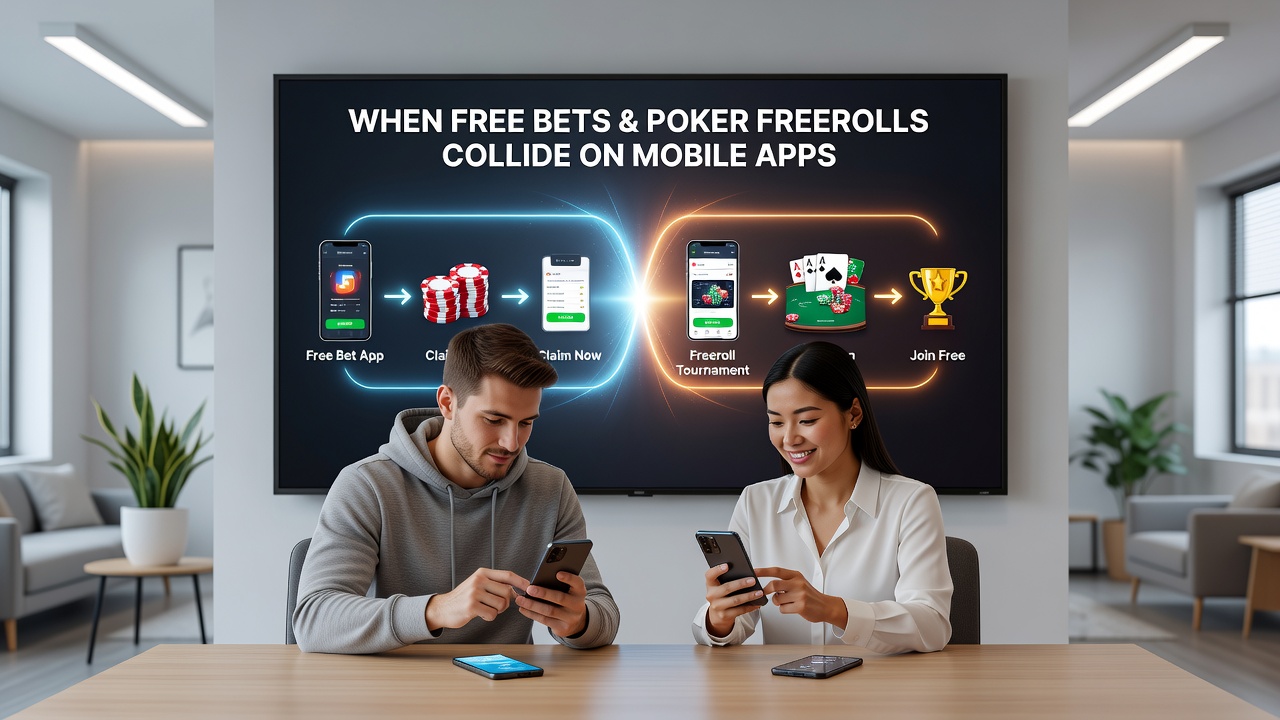 Close-up of a mobile poker table interface with overlaid free bet notification banner